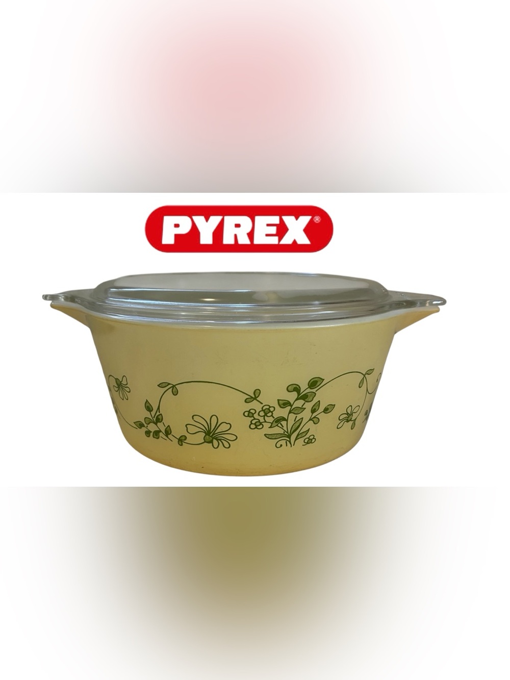 VINTAGE GLASS PYREX CASSEROLE DISH WITH LID YELLOW GREEN FLORAL